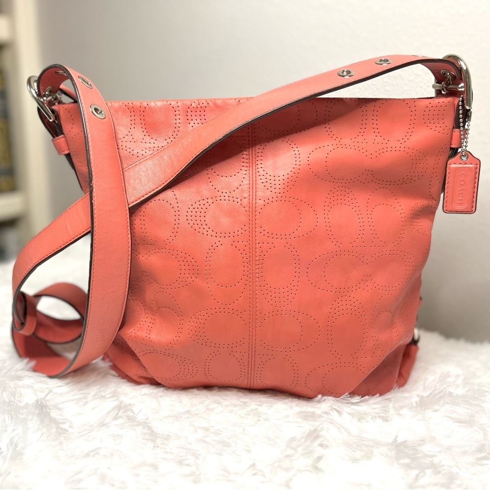 New COACH Perforated Leather Hobo Bag, Coral No. F19407